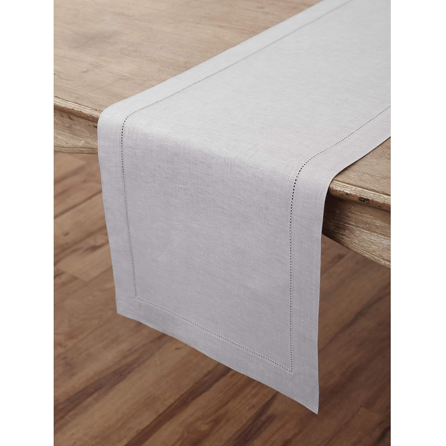 Solino Home Hemstitch Linen Table Runner - 14 x 36 Inch, Handcrafted from European Flax, Machine Washable Classic Hemstitch - Soft Grey