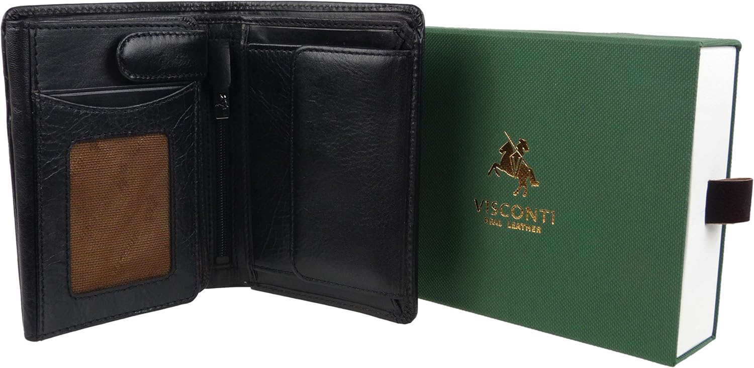 Mens Italian Leather Stylish RFID Protected Tri-Fold Wallet by Visconti Gift Box, Black - Image 3
