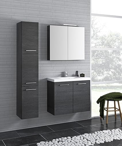 Bad Mobel Set Poco 80 1 Bestehende Von Waschbeckenunterschrank Mit Designer Keramik Waschbecken Bxhxt 80x63 5x35 Cm Spiegelschrank Bxhxt 80x70x14 Cm Hochschrank Bxhxt 35x160x35 Cm Schwarze Cortina Eiche Mdf Amazon De Kuche