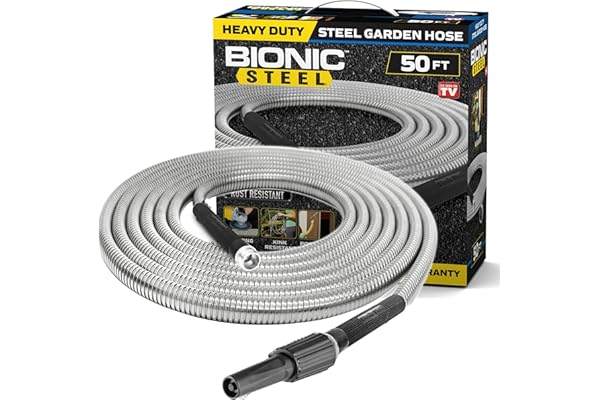 Bionic Steel Metal Garden Hose 50 Ft with Nozzle, 304 Stainless Steel Water Hose, 50 Ft Garden Hose Tough & Flexible, Lightweight, Crush Resistant Fittings, Kink & Tangle Free, Rust Proof - 2024 Model