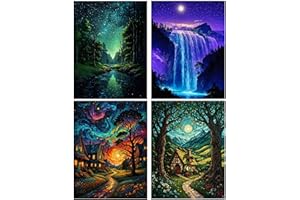 Lovepefe Starry Sky Paint by Numbers Kit for Adults, 4 Pack Country Night Paint by Number Kits for Beginner Moon Acrylic On Canvas DIY Oil Painting Kit for Gift Home Wall Decor 12x16 Inch