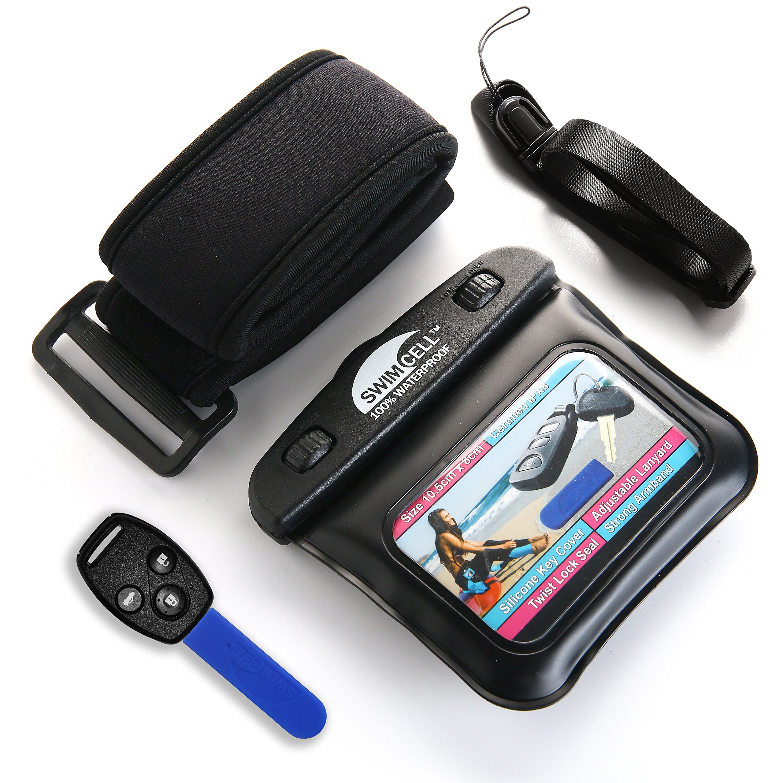 SwimCell Waterproof Key Pouch - Wallet for Keys, Money and Essentials. Car Key Case and Money Holder for Swimming, Surfing, Running - Neck Lanyard And Armband For Arm, Wrist or Ankle - 8 x 10cm Black