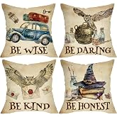 Fjfz Vintage Magic Decorative Throw Pillow Covers 18 x 18 Set of 4 | Retro Magical Truck Owl Wizard Hat Book Porch Outdoor Home Decor, Watercolor Be Honest Wise Daring Kind Sofa Couch Cushion