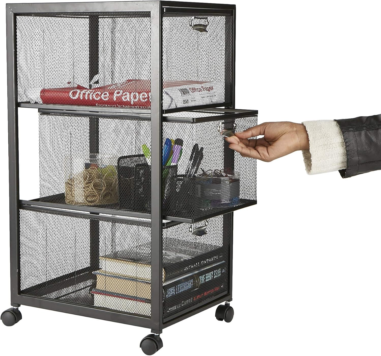Mind Reader 3TWHEEL-BLK 3-Tiered, Rolling Mesh, Metal, File, Utility, Office Storage, Heavy Duty Multi-Purpose Cart, Black 3 Drawer: Home & Kitchen