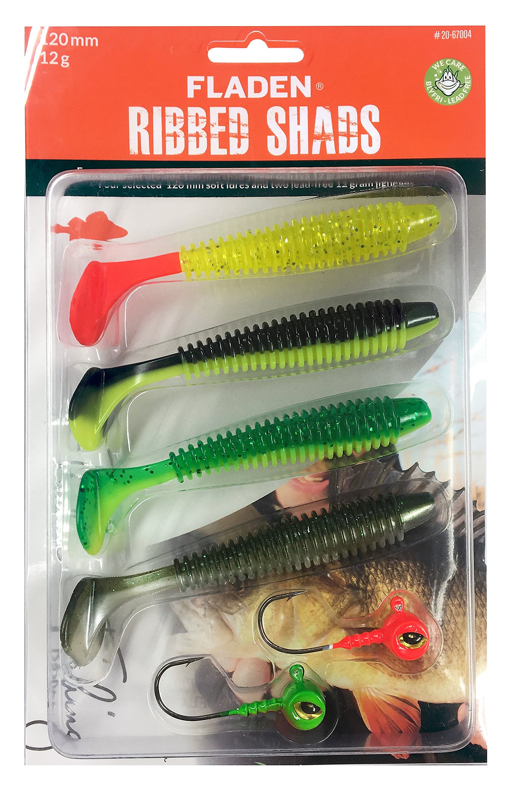 FLADEN Fishing - 4 x SOFT LURE RIBBED SHADS Assortment Imitation Bait Fish for Predatory Fishing - Comes with 2 Non-Toxic Jig Heads (Pack 2, 4 x 12cm / 12g Size 5/0 jigs) [20-67004]