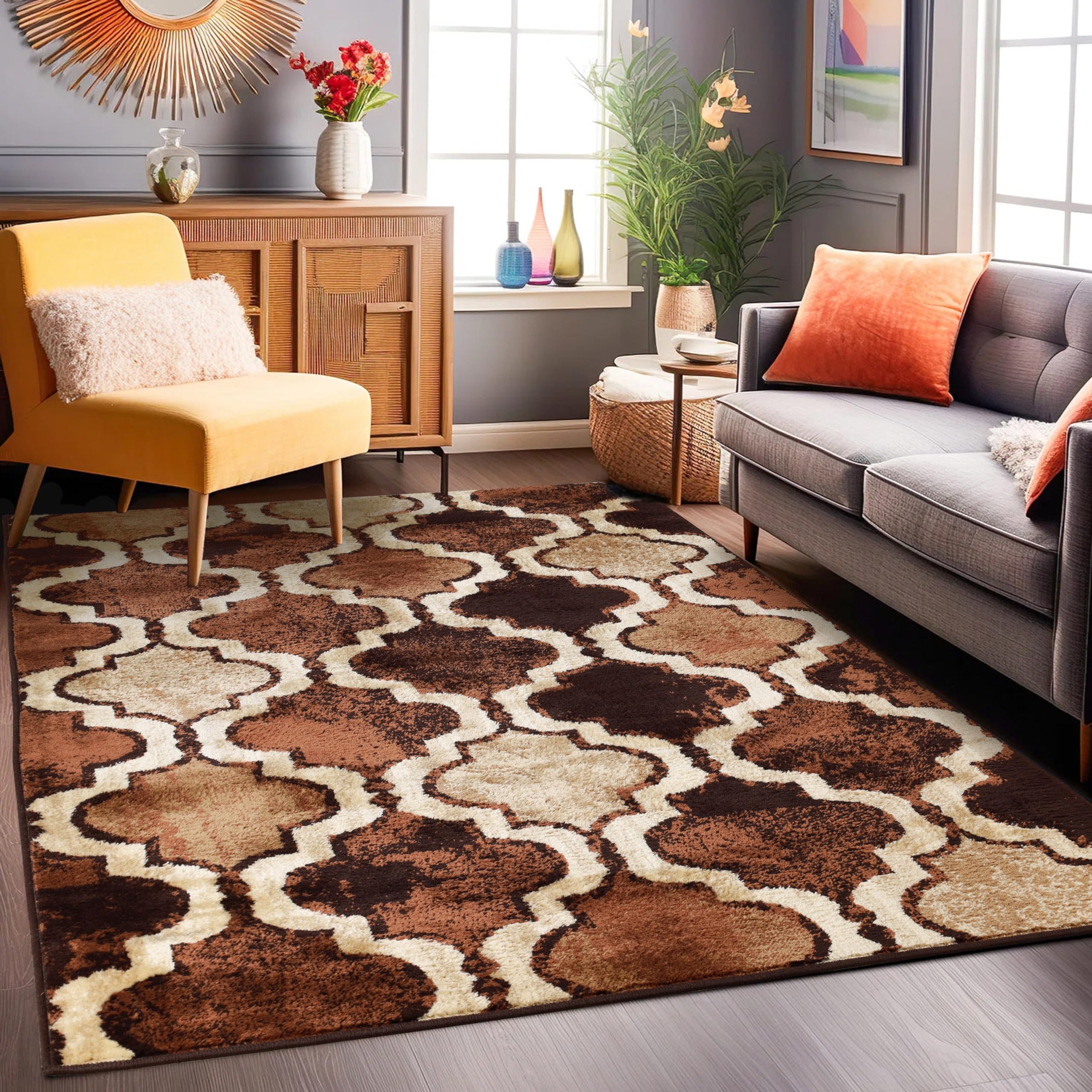 Photo 1 of Superior Indoor Large Area Rug, Jute Backed, Perfect for Living/ Dining Room, Bedroom, Office, Kitchen, Entryway, Modern Geometric Trellis Floor Decor, Viking Collection, 8' x 10', Coffee