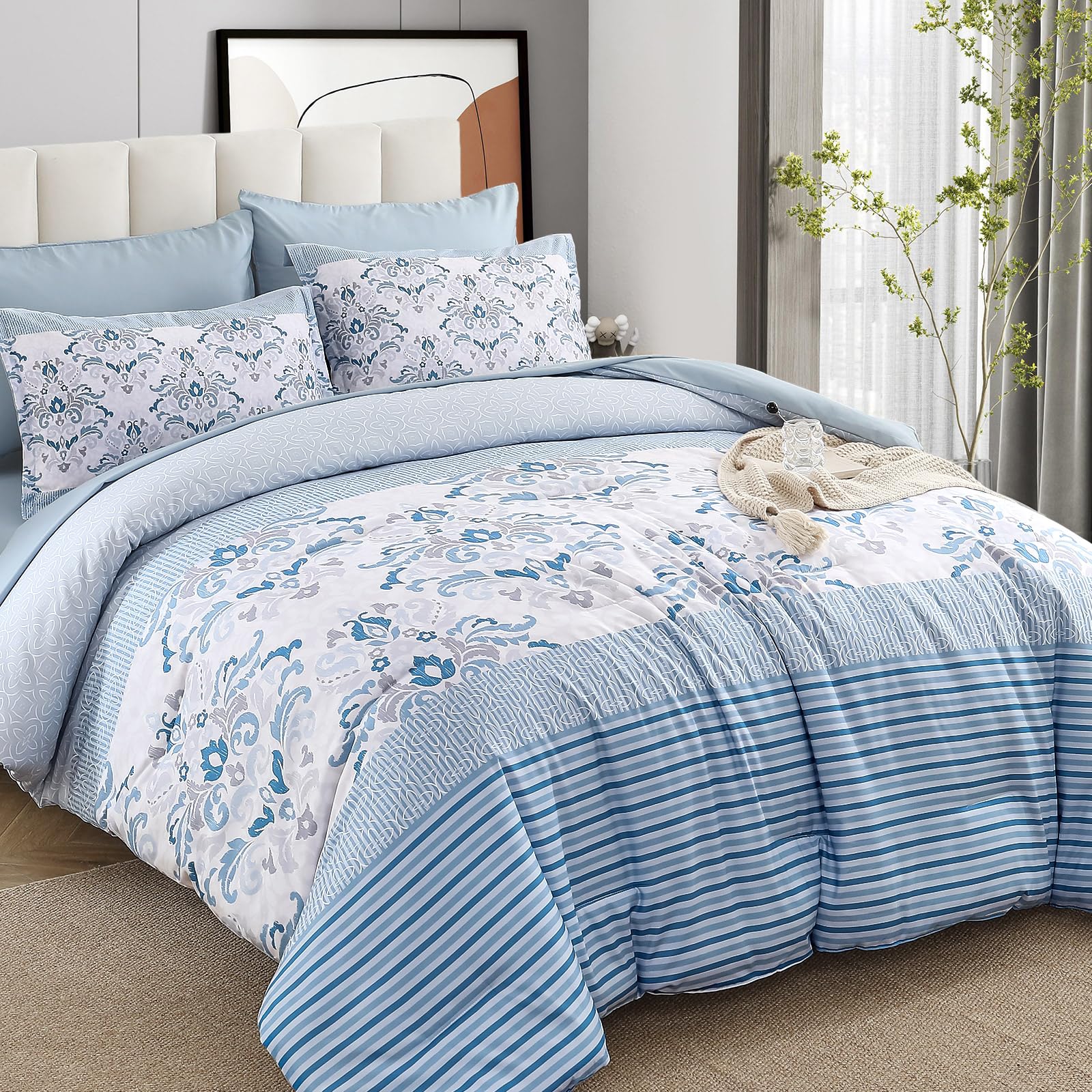 Photo 1 of Blue Comforter Set Queen Size, 7 Piece Boho Bedding Comforters Bohemian Damask Bed in a Bag with Sheets, Pillowcases & Shams, Soft Microfiber Bedding Set for All Seasons 90”x90”