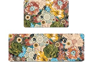 Qahing Boho Floral Kitchen Rug Set 2 Colourful Flowers Non-Slip Kitchen Floor Mats Cushioned Anti Fatigue Comfort Standing Bo