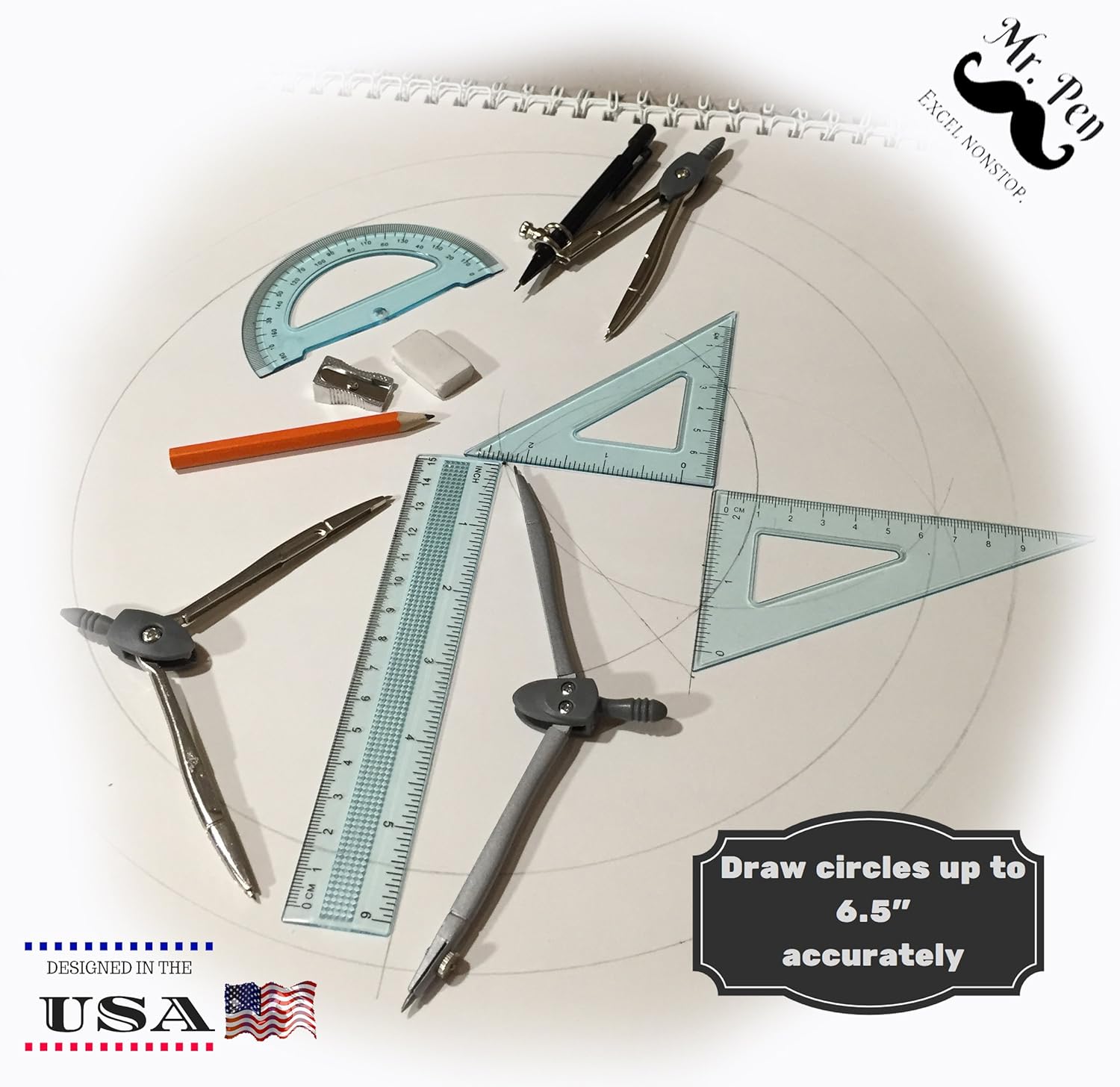 Mr. Pen Geometry Set with 6 Inch Swing Arm Protractor, Divider, Set Squares, Ruler, Compasses and Protractor, 15 Piece Set : Office Products