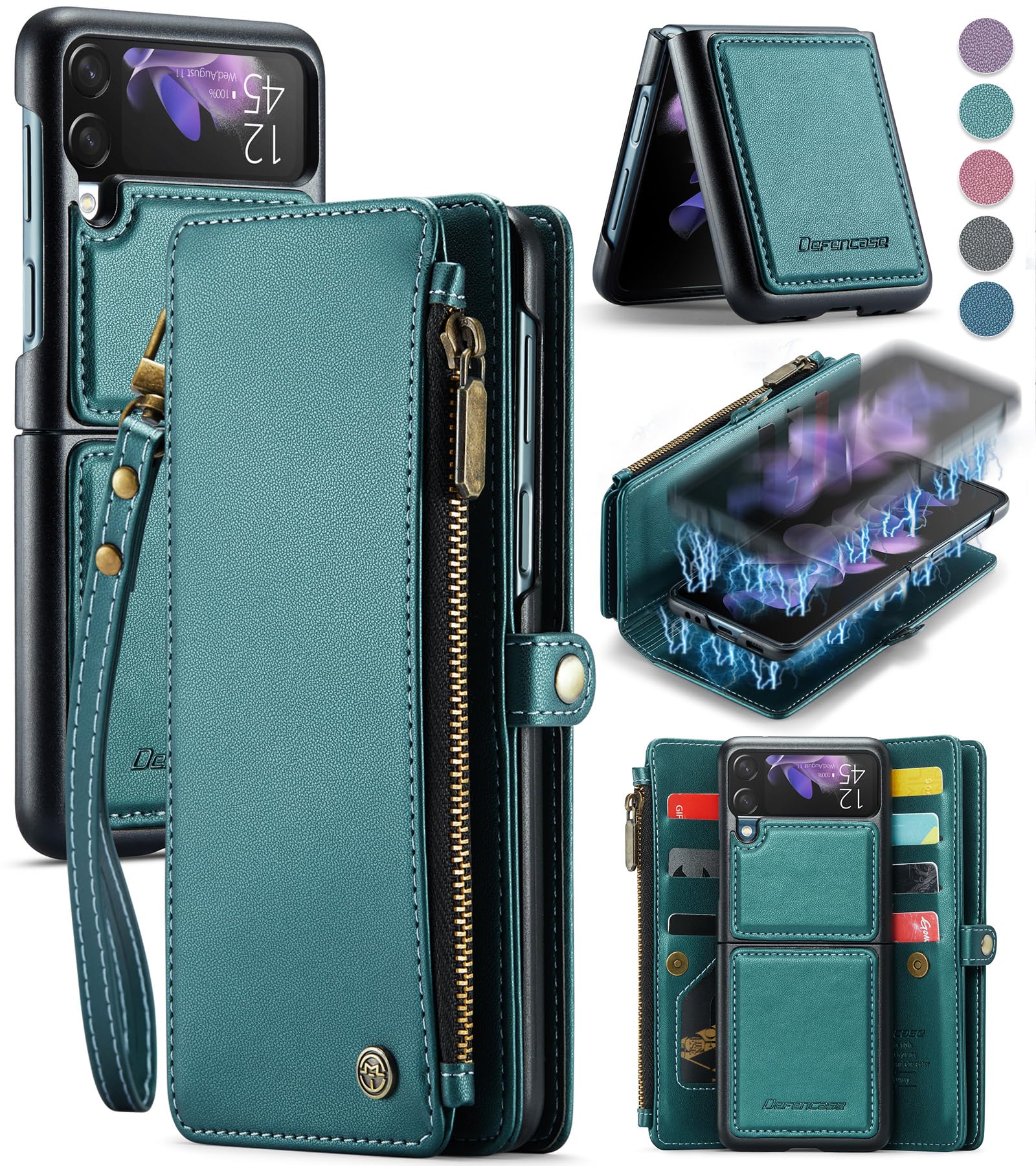 Photo 1 of Defencase Compatible with Samsung Galaxy Z Flip 3 Case Wallet Detachable with RFID Blocking Card Holder, PU Leather Magnetic Snap Flip Zipper Strap Wallet Phone Case fit for Galaxy Z Flip 3 5G, Green