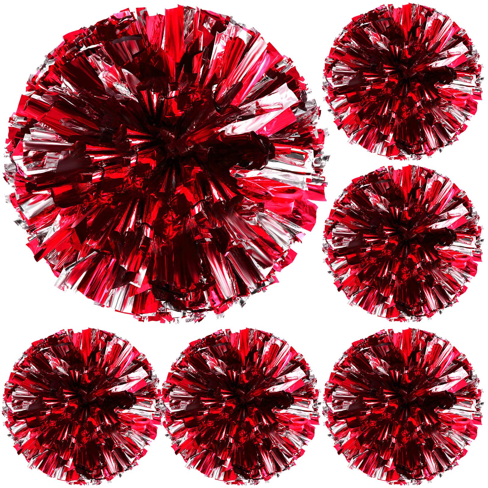 Sumind 6 Pcs Metallic Cheerleading Pom Poms 12 Inch Red Silver Cheerleading Handheld Squad Pompoms for Sports Team Cheer Spirit Games Dance Party Adults