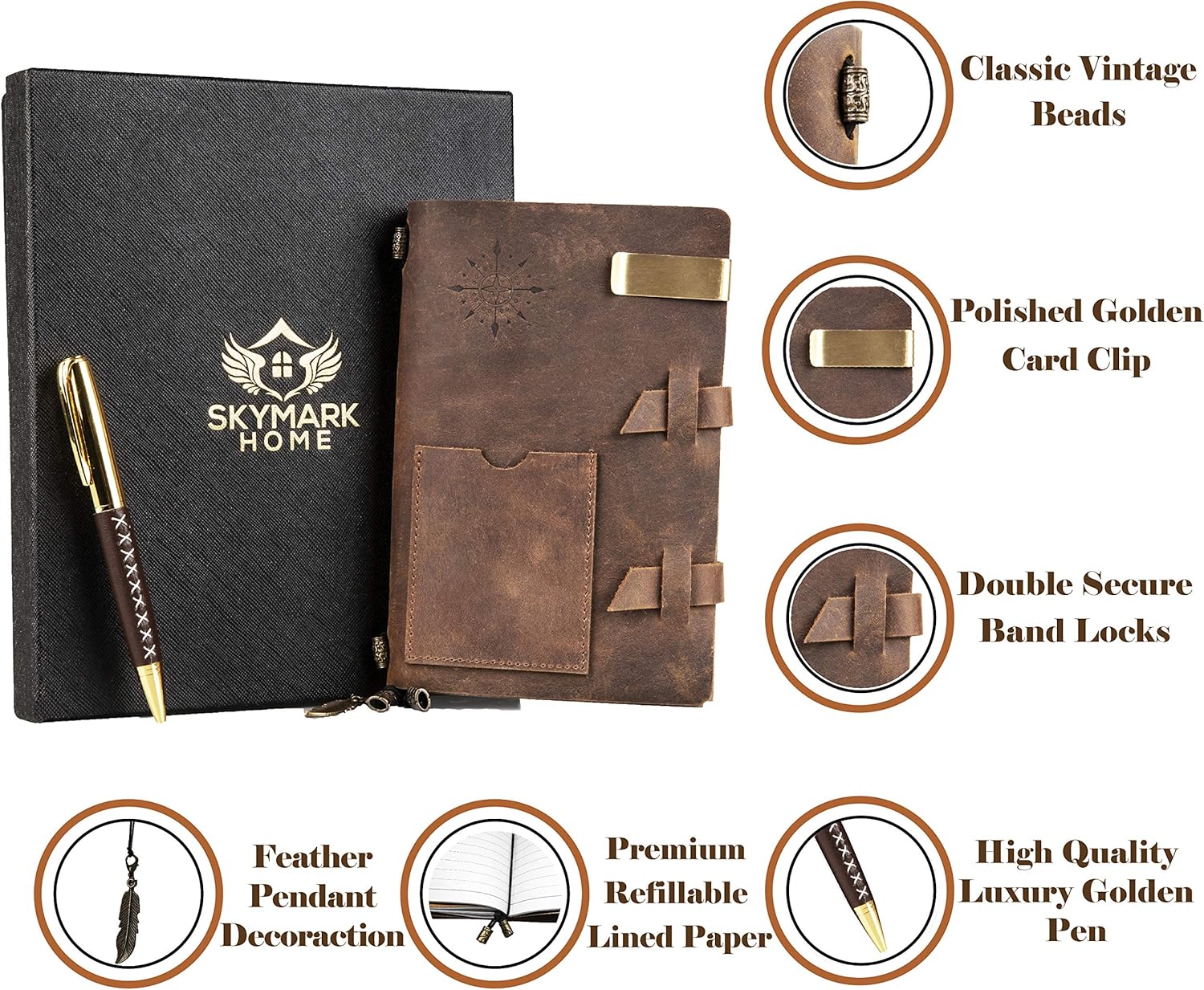 Leather Journal Handmade Travel Notebook - Medium Size 7 x 4.8 inch Vintage Antique Diary Writing Notepad for Men & Women, Refillable Lined Paper, Luxury Gift Set with Golden Classic Pen : Office Products