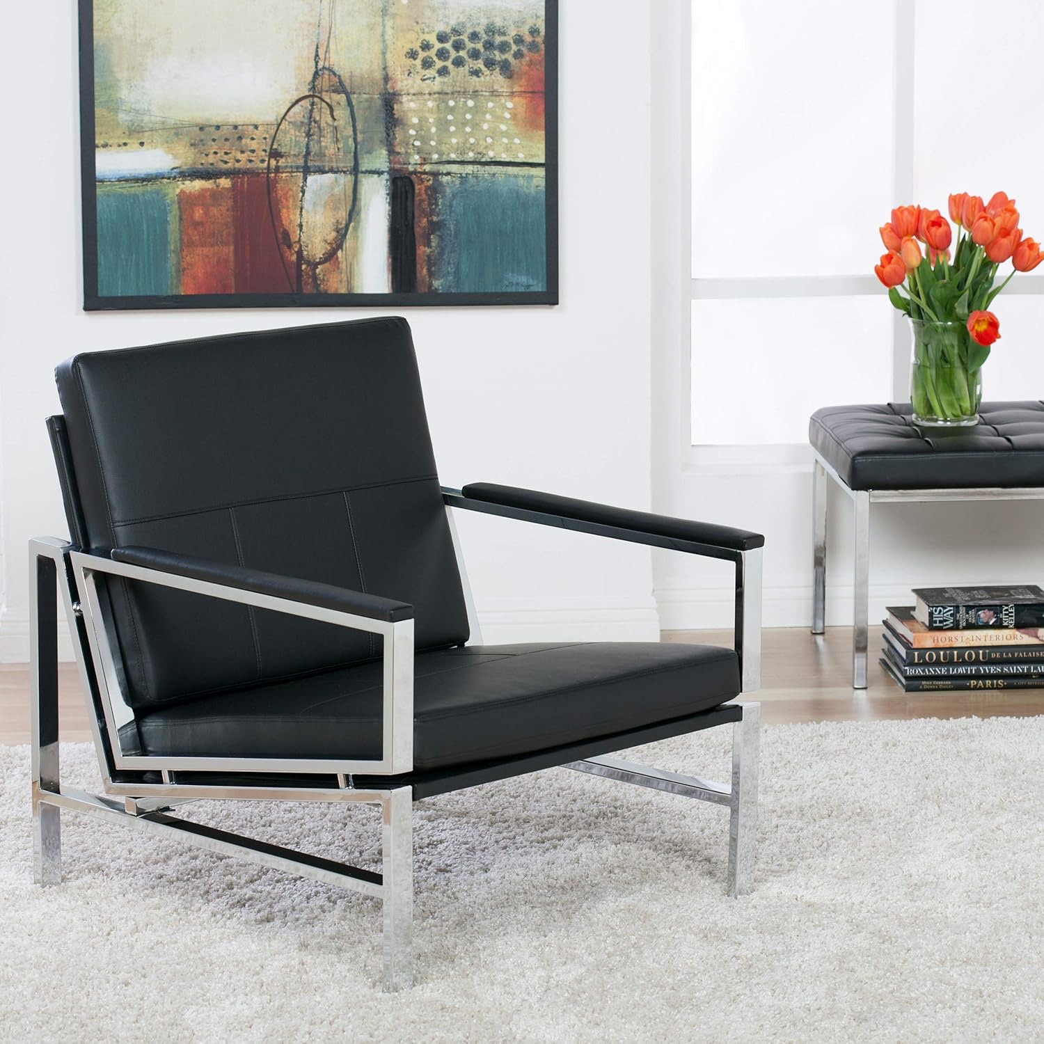 Studio Designs Home, Black, Modern Atlas Accent Chair for Living Room Bedroom, Bonded Leather,: Furniture & Decor