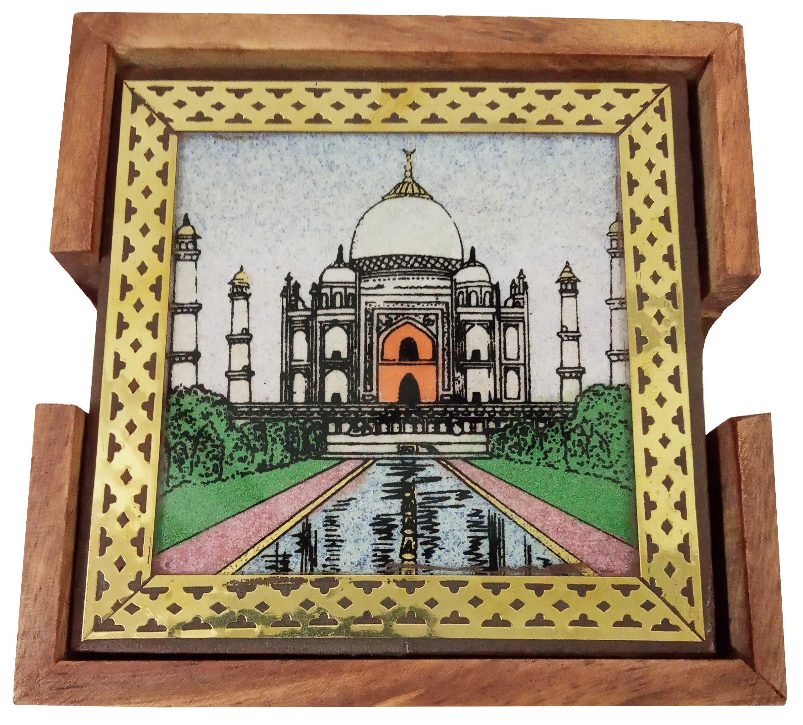 Purpledip Pinewood Gemstone Coasters (Set of 6): Taj Mahal (10716A) — image 1
