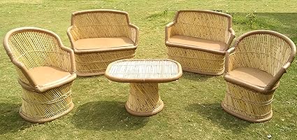 PatioStack Bamboo Outdoor Vintage Rattan & Wicker Sitting Sofa Chair & Table Furniture Set for Garden/Terrace / Lawn and Living Room [ 2 Chairs, 2 Double Seater Sofa Chairs & 1 Table ]