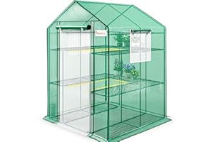 KING BIRD Premium Greenhouse for Outdoors, 56 x 56 x 77 Upgraded PE Cover & Steel Frame Walk in Hot House, w/ Zippered Screen Windows Mesh Door, 3 Tiers 14 Shelves for Outside Garden, Green