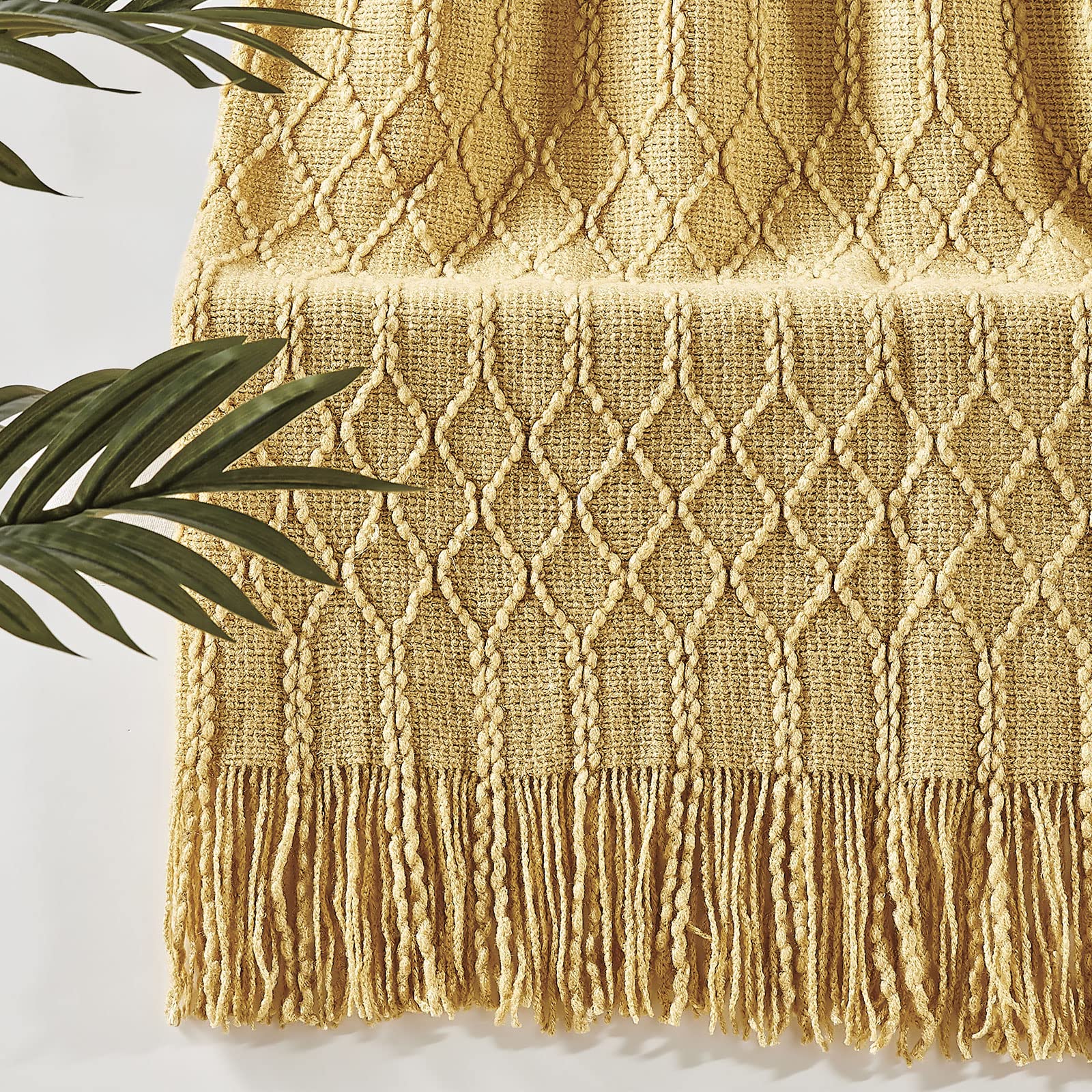 KASYLAN 100% Acrylic Knitted Throw Blanket Textured Solid Soft Decorative Throw for Sofa, Couch, Bed,127x152cm,Mustard — image 1