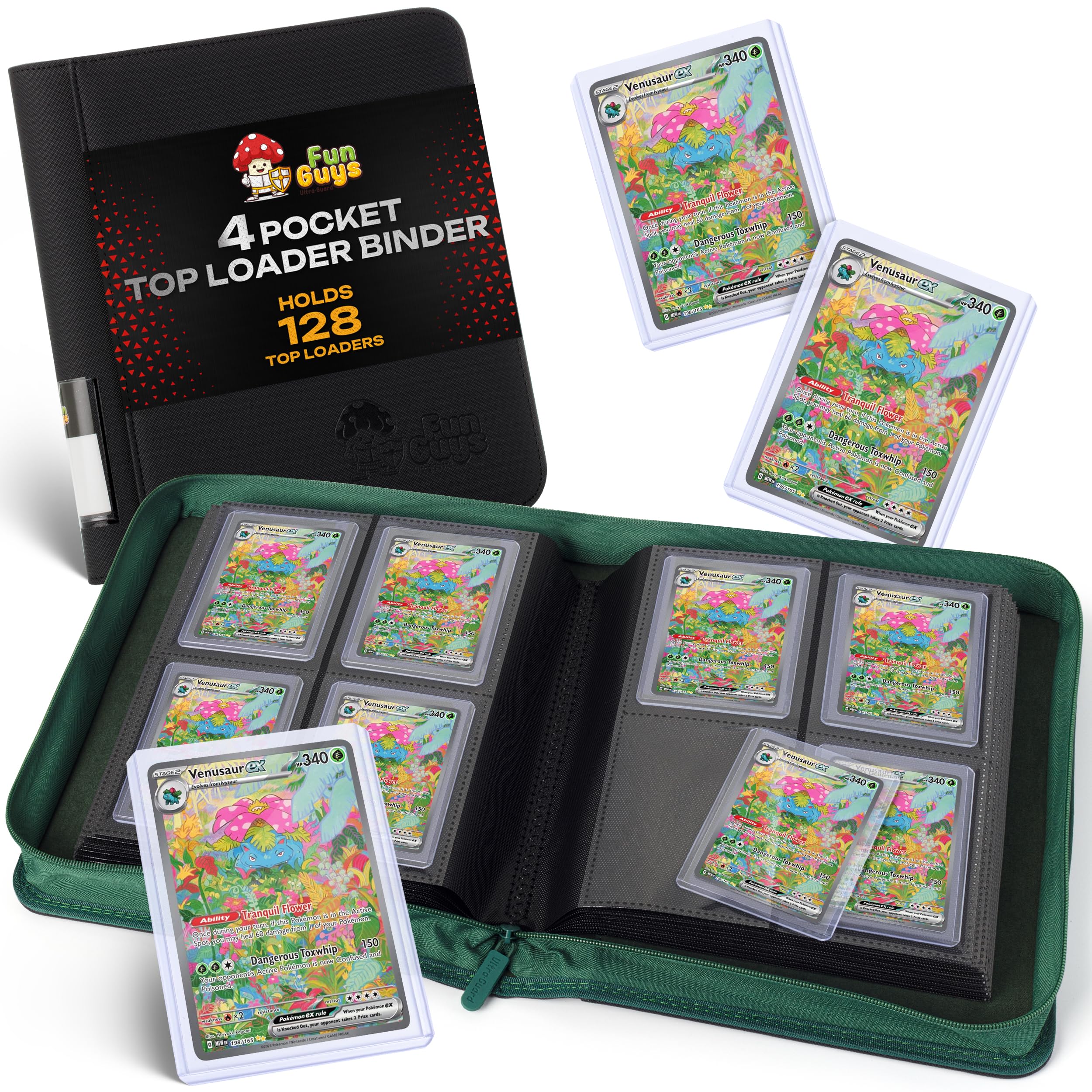FunGuys Toploader Binder, Trading Card Binder Storage,128 4 Pocket Top Loader Pokemon Binder, Card Collection for Yugioh, MTG, TCG, Card Folders for Trading Cards