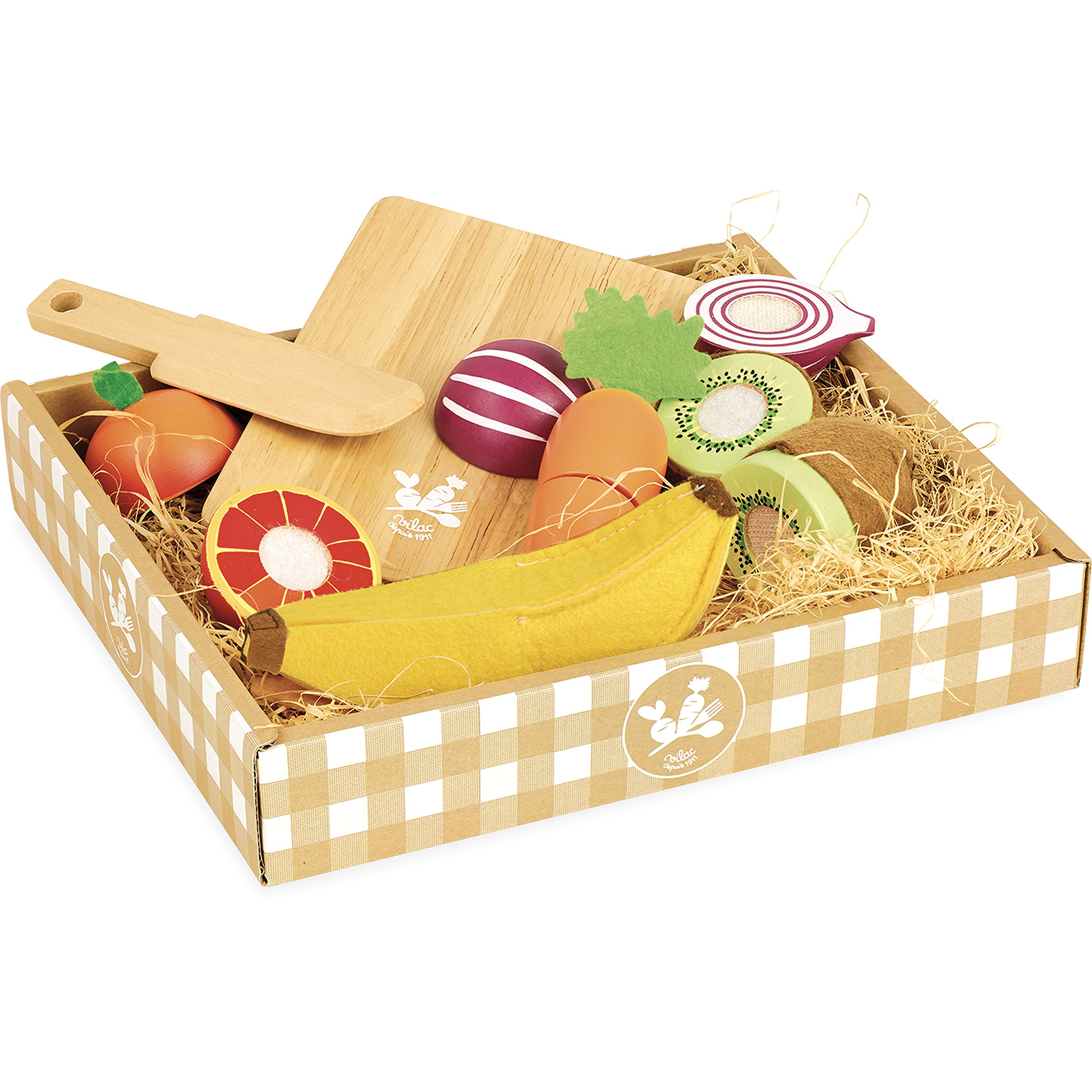 Vilac Wooden Fruit and Vegetable To Cut Set, 5 Items, 1 Basket, 1 Cutting Board, 1 Knife, Pretend Play Kitchen & Food, 2 Years+, 23 x 20.5 x 5 cm