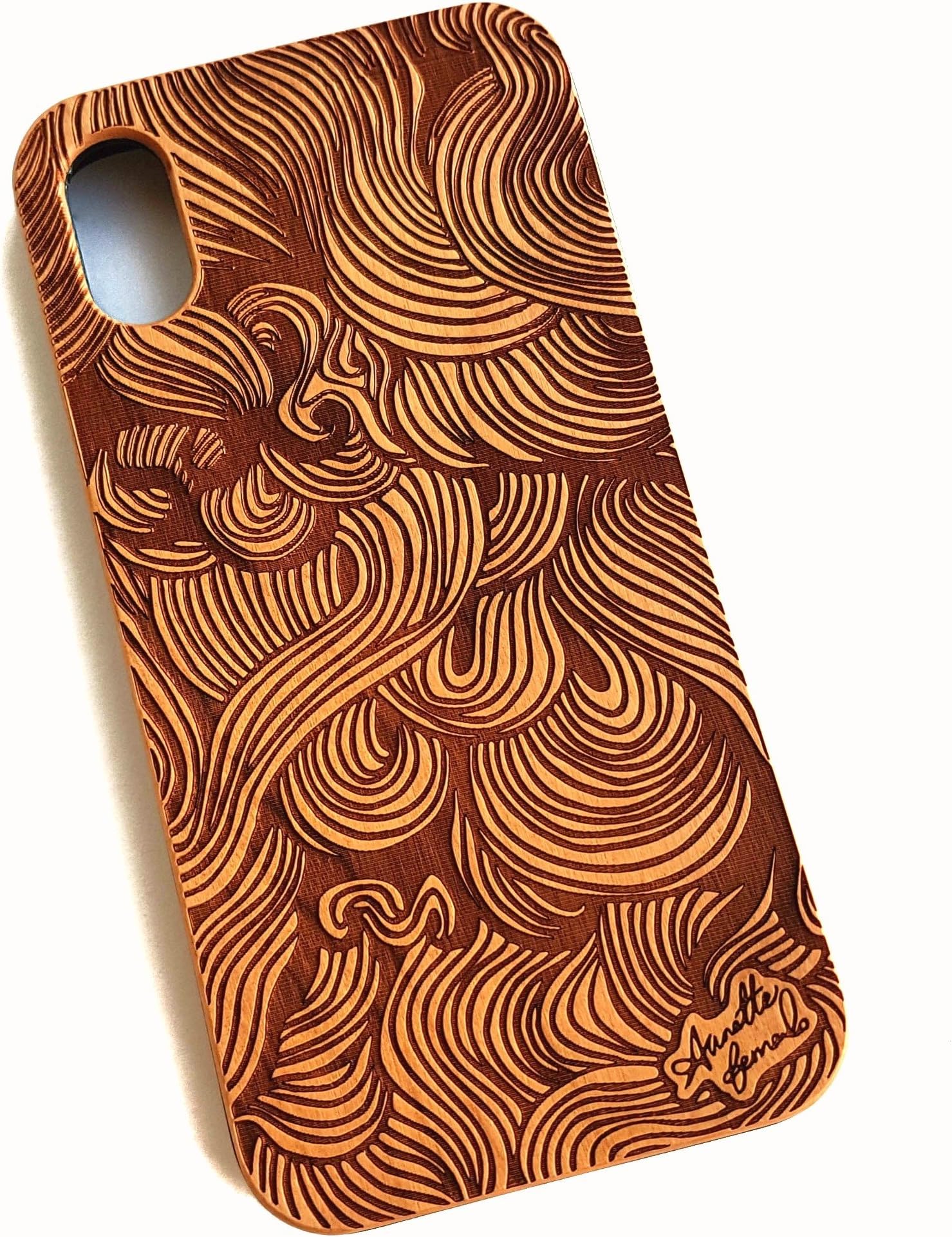Wooden engraved Waves phone case for iPhone X and XS. Real solid cherry wood, hand made, carved artwork. Drop & scratch proof, providing premium protection for your smart phone