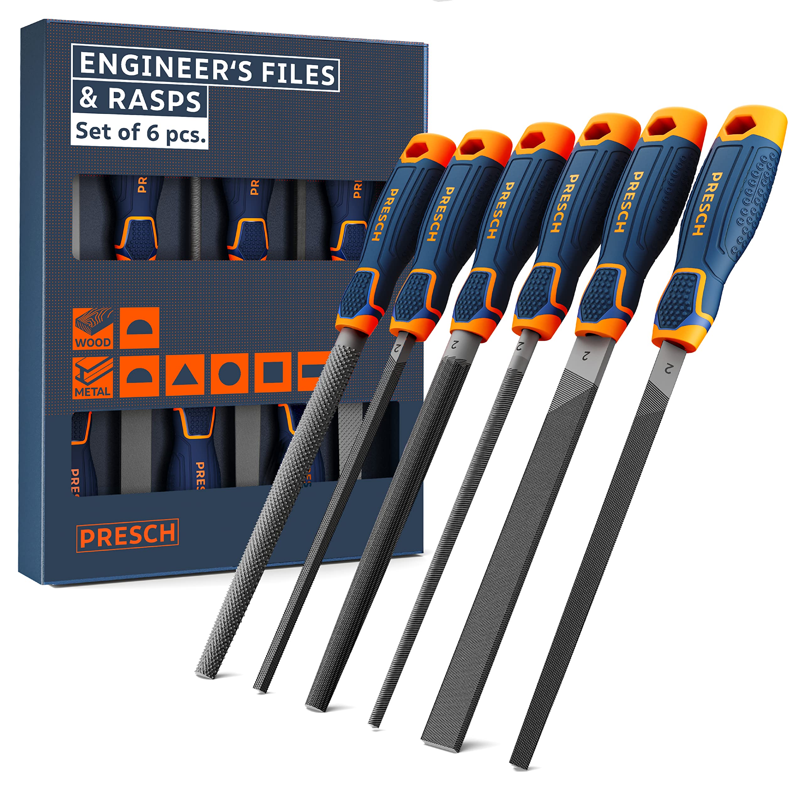 Presch File Set Metal and Wood 6 pcs. - Professional File Set incl. Half-Round rasp, Flat Stump File, Half-Round File, Round File, Triangular File and Square File — image 1