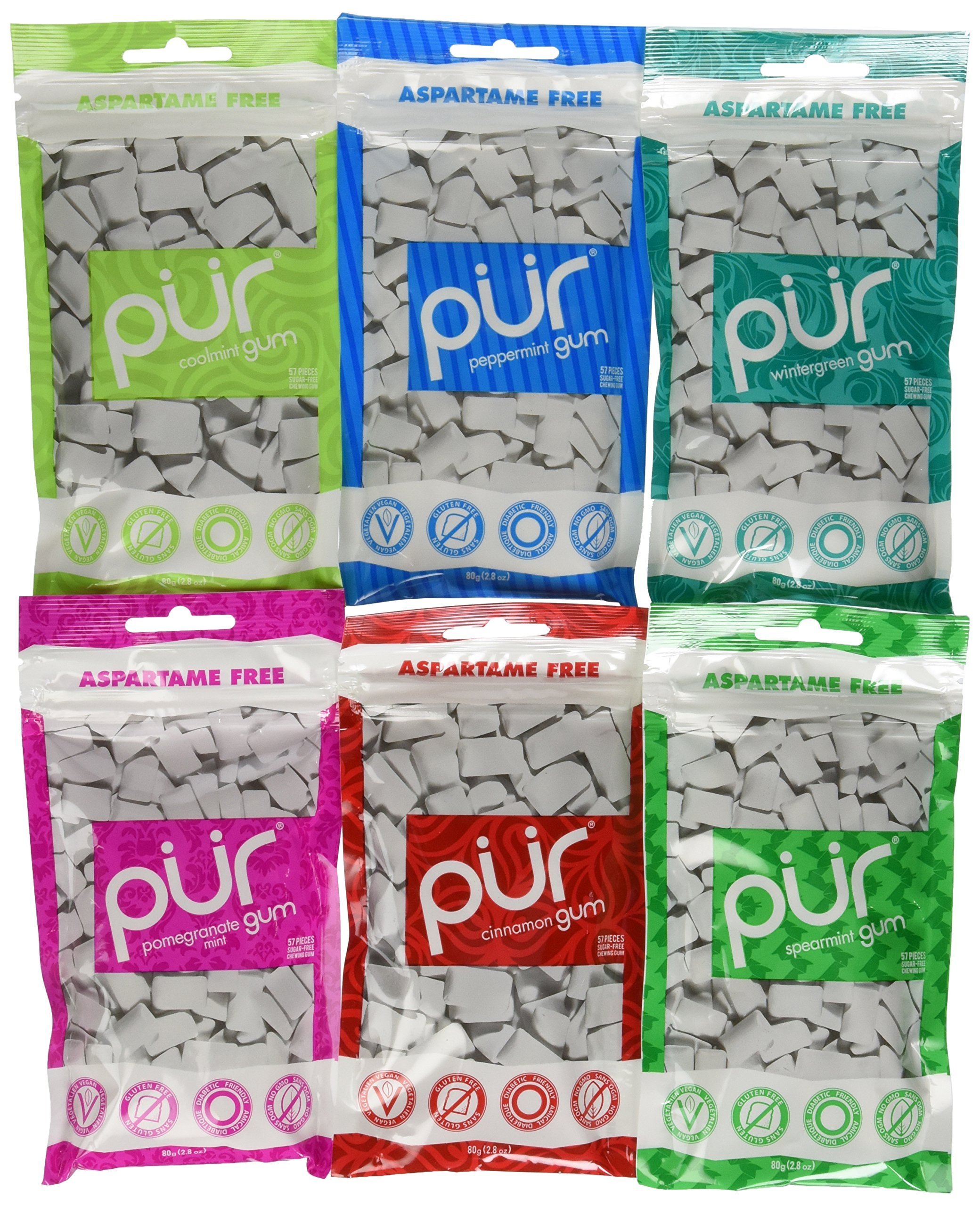 PUR Gum 6 Flavor Assortment Spearmint, Peppermint, Pomegranate Mint