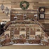 Lodge Bedspread Queen Size, Rustic Cabin Quilt Sets Moose Bear Bedspread Coverlet Patchwork Plaid Bedcover Reversible Wildlife Printed Quilted Bed Set Brown Bed Cover Country Decor(90"x 90")