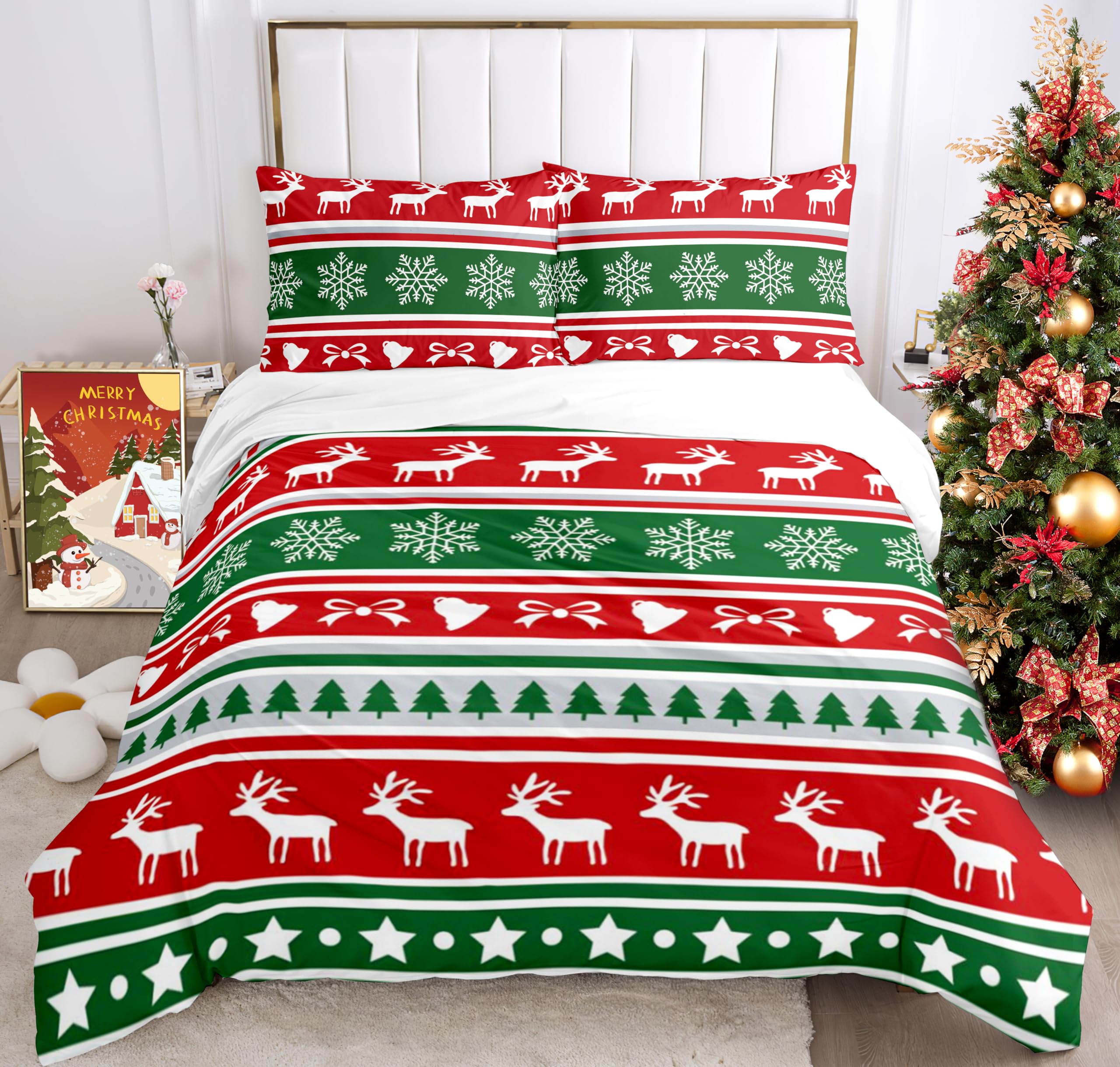 IUNTWEIE Christmas Bedding,Santa Claus and Moose Snowman Red Duvet Cover,Christmas Decoration,Soft Zippered Bedding Set (135 x 200 cm, D) — image 1