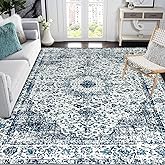 Easy-Going Area Rug 5x7 Washable Boho Rugs for Living Room Non-Slip Bedroom Rug Low Pile Lightweight Floral Print Vintage Throw Rug for Dining Room Kitchen Home Office Carpet, Blue Cream