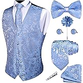 GUSLESON Formal Men Vest Paisley Floral Jacquard Tie Waistcoat Bow tie Hanky Lapel Pin Cufflinks Set Wedding 7PCS