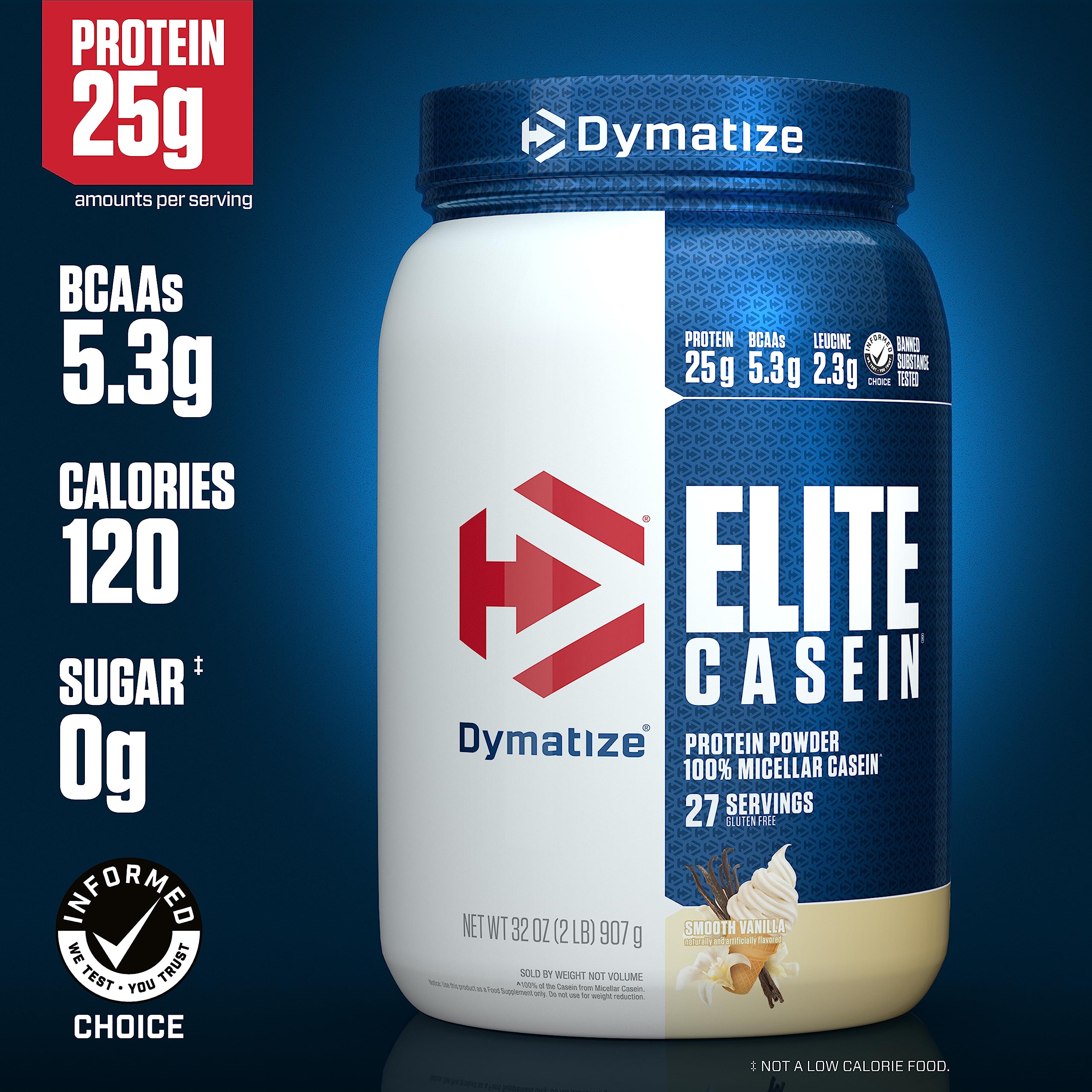 Dymatize Elite Casein Protein Powder, Slow Absorbing with Muscle Building Amino Acids, 100% Micellar Casein, 25g Protein, 5.4g BCAAs & 2.3g Leucine, Helps Overnight Recovery, Smooth Vanilla, 2 Pound
