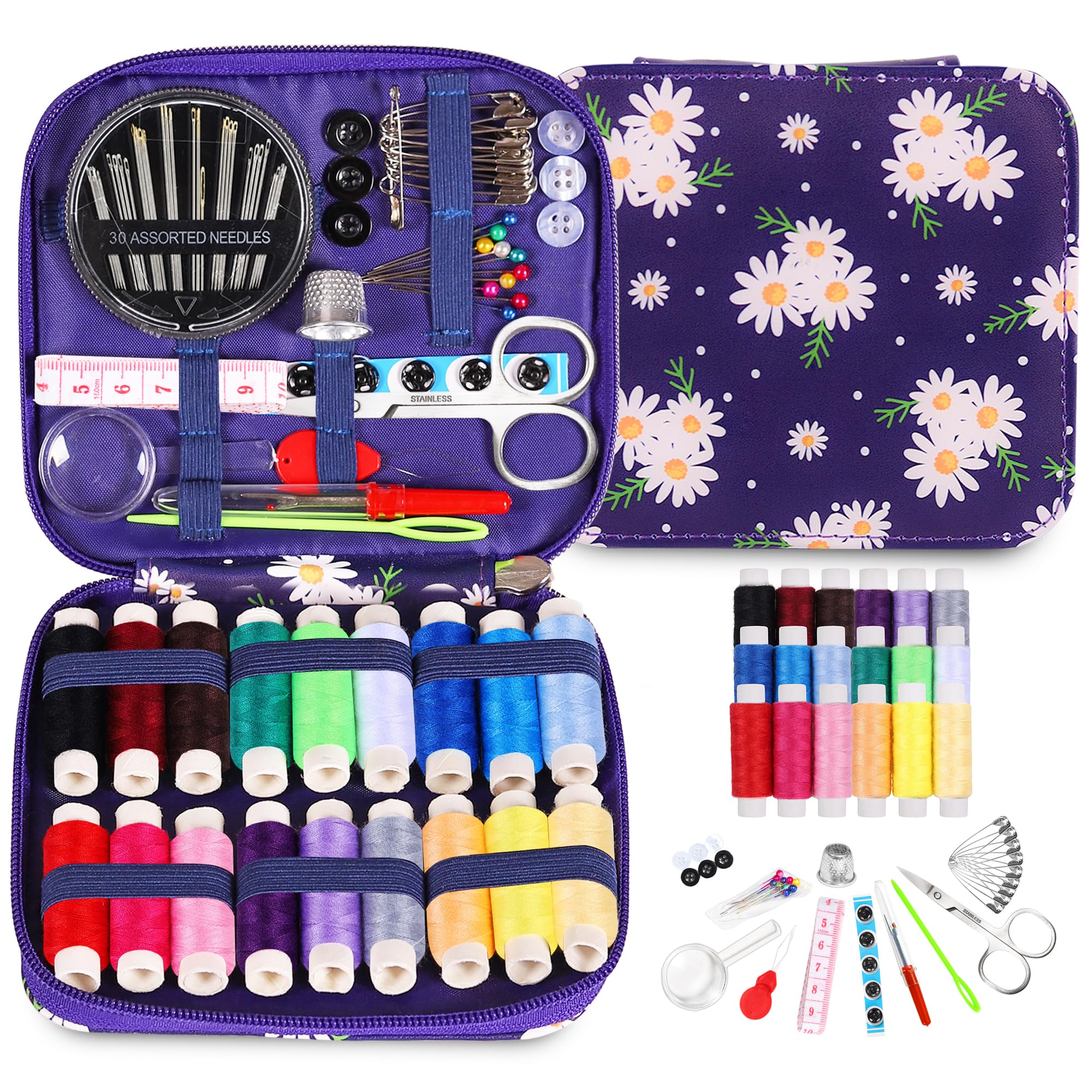 Sewing Kit for Adults Needle and Thread Kit for Sewing with Daisy Zipper Case 18 Color Threads Portable Basic Hand Sewing Repair Kits for Beginners Traveler Emergency DIY Quick Fix