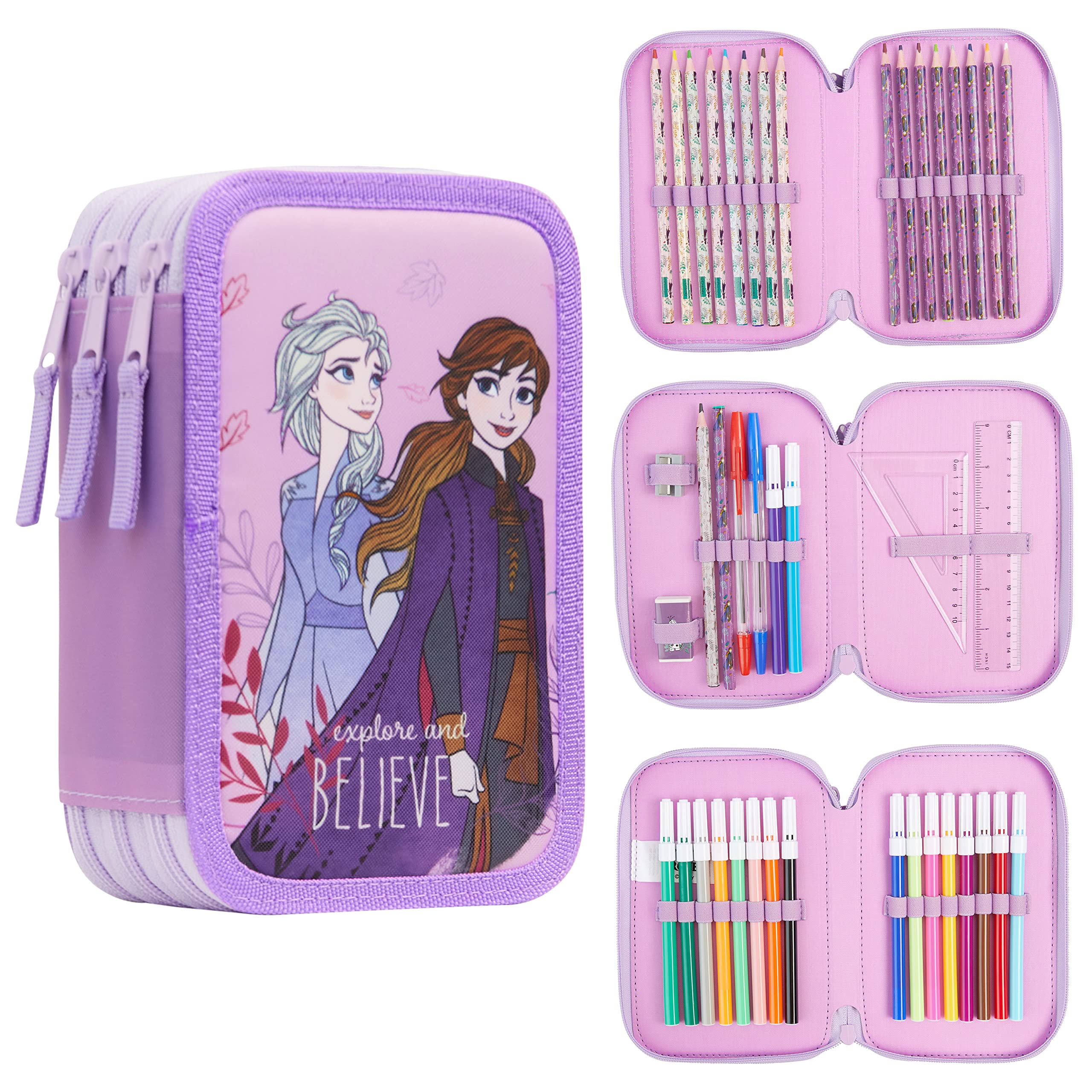 Disney Filled Pencil Case with Stationery for Kids, School Supplies Colouring Pencils, Markers - Gifts for Girls (Pink Frozen Triple Zip)