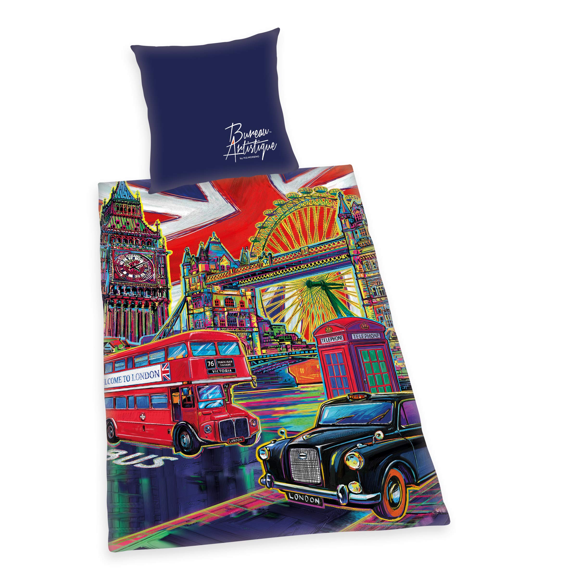 Herding BUREAU ARTISTIQUE Bedding Set London, Reversible Motif, Duvet Cover 155 x 220 cm, Pillow Cover 80 x 80 cm, Cotton/Satin