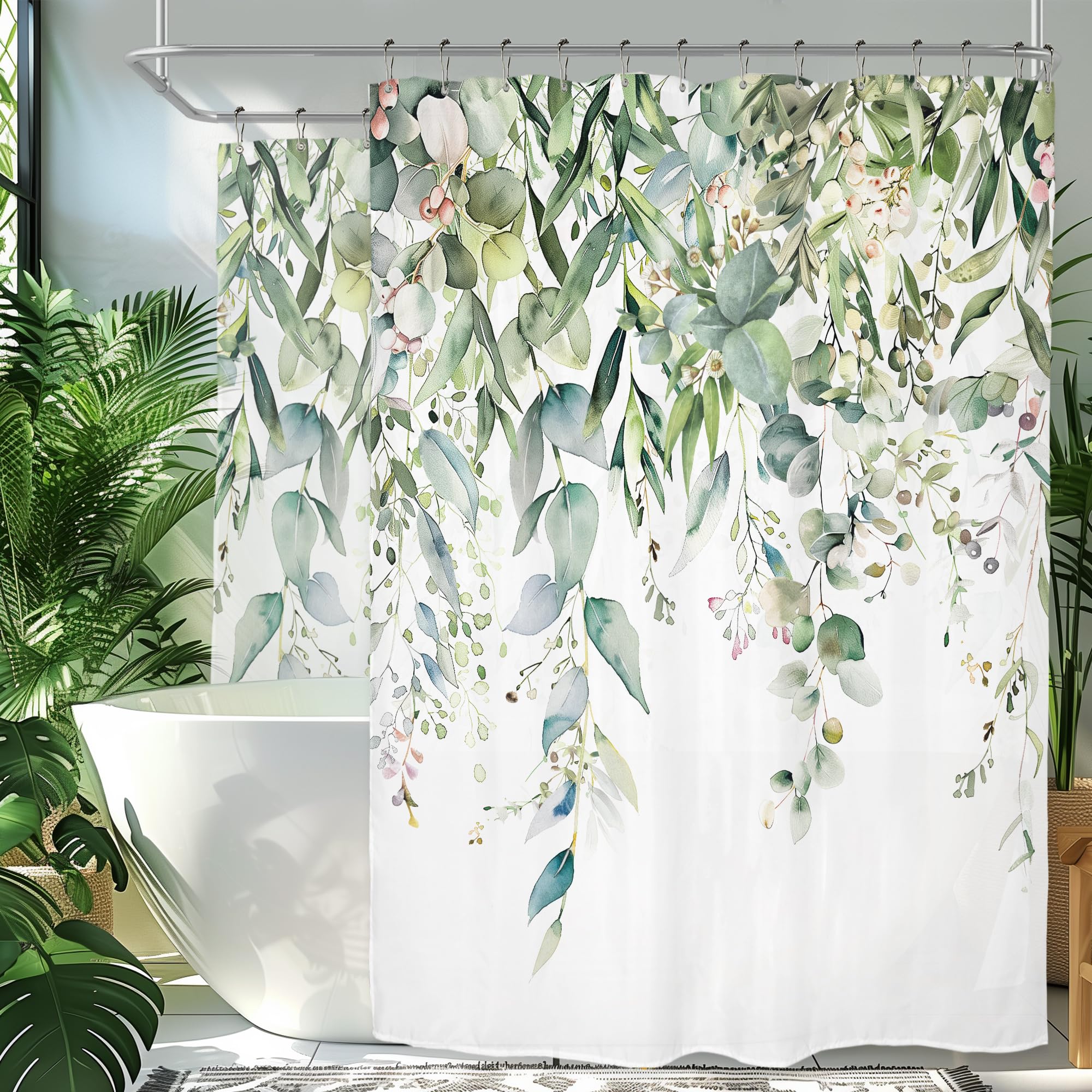 Photo 1 of Riyidecor Clawfoot Tub Extra Wide Shower Curtain for Bathroom Decor 180Wx70H Green Eucalyptus Leaves Plants Wrap All Around Circular Round Art Printed Fabric Polyester Waterproof 32 Pack Metal