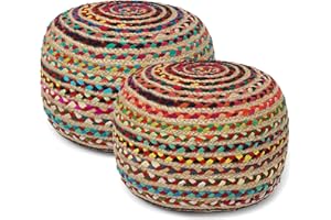 REDEARTH · Round Pouf Ottoman - Braided Boho Poof Home Décor Pouffe Accent Sitting Circular Foot Rest for Living Room, Bedroom, Nursery, Kidsroom, Lounge; Jute and Cotton Set of 2 (19x19x14; Multi)