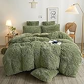 XeGe Plush Shaggy Duvet Cover Set, Luxury Soft Crystal Velvet Fluffy Furry Bedding Sets 3 Pieces(1 Faux Fur Fuzzy Comforter Cover + 2 Faux Fur Throw Pillow Shams), Zipper Closure (King, Sage Green)