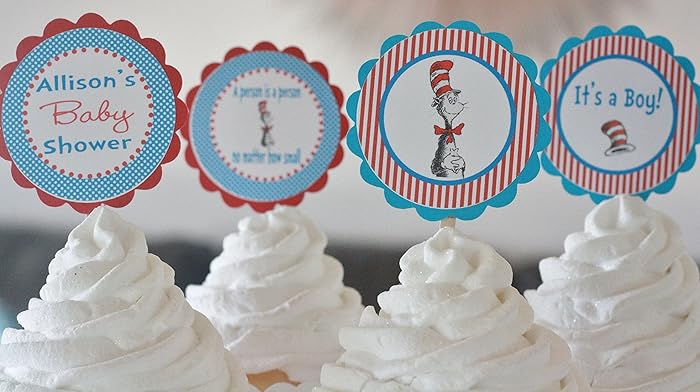 Amazon Com 12 Dr Seuss Cat Hat Baby Shower Cupcake Toppers Red