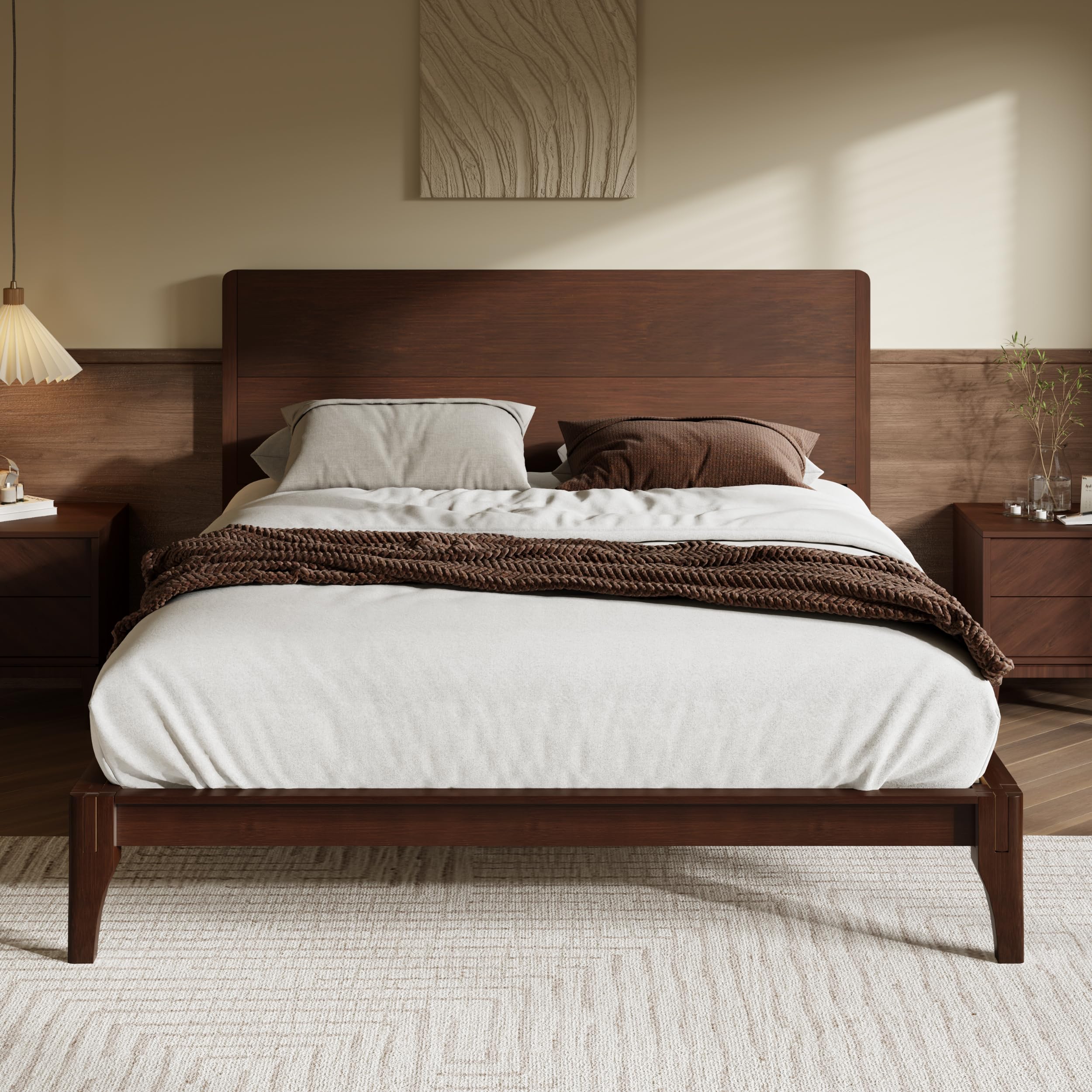 Photo 1 of Merax King Size Bamboo Platform Bed, Mid-Century Modern Bed Frame with Tall Headboard, Solid Sustainable Bedframe King-Size, Wood Slat Support, No Box Spring Needed, Easy Assembly, Espresso