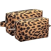 Leopard Print Makeup Bags, 2 Pieces Large Capacity Soft Cosmetic Bags, Travel Toiletry Organizer for Women (Brown)