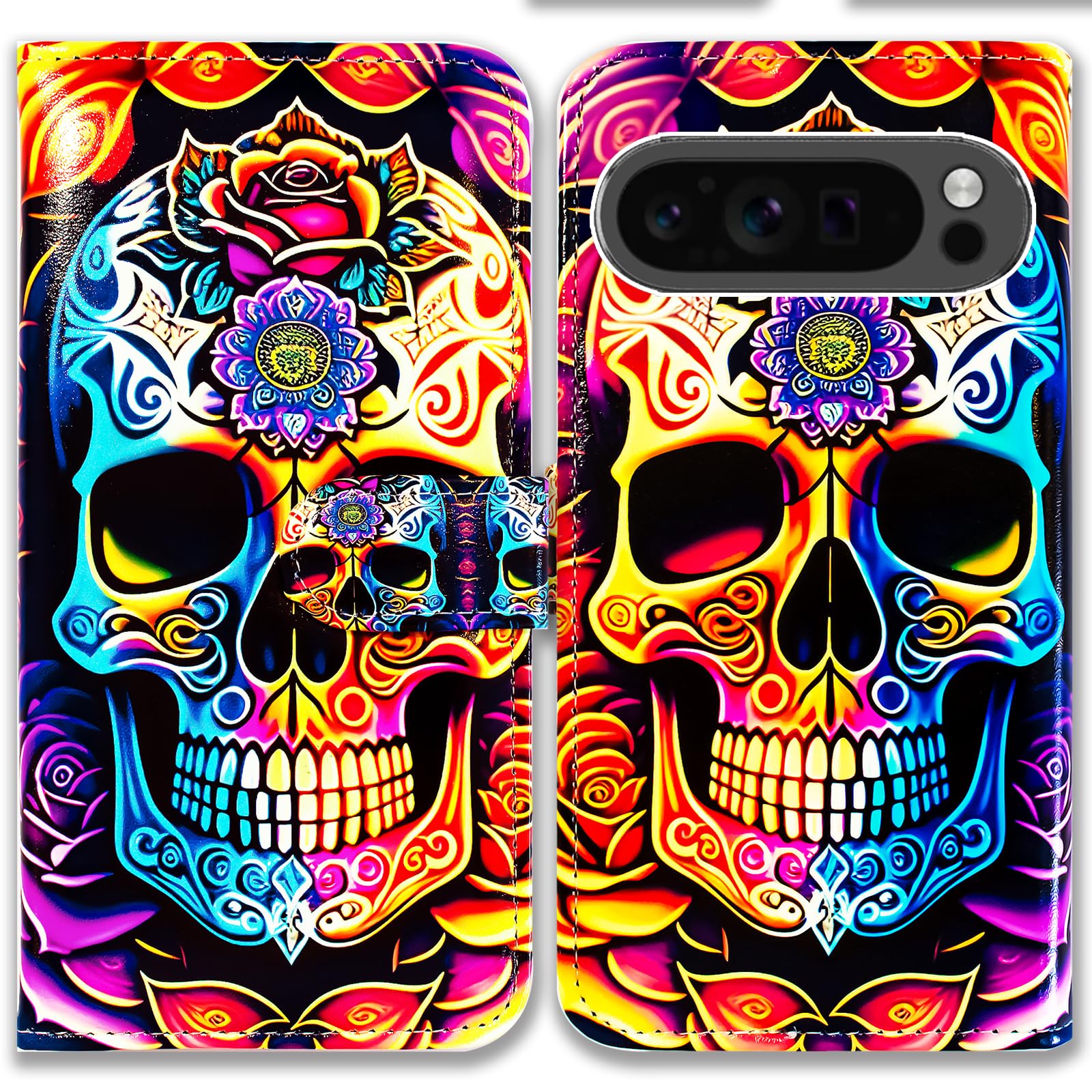 Bcov Case For Pixel 9 Pro XL,Colorful Mandala Skull Flowers Leather Flip Phone Case Wallet Cover with Card Slot Holder Kickstand Case For Google Pixel 9 Pro XL