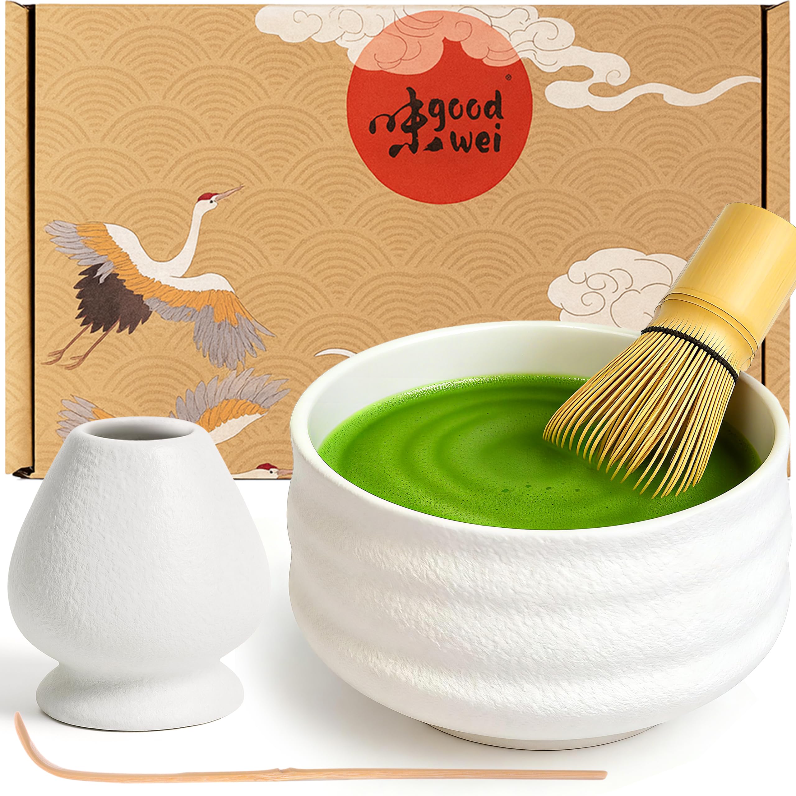 Goodwei Matcha Set with Matcha Whisk, Spoon and Ceramic Matcha Bowl with Whisk Holder in Matching Design | Artisanal Matcha Tea Bowl Chawan | Gift Set (Miyuki, 80)