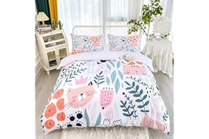 CVHOUSE Cat Duvet Cover Set,Cat Bedding Set for Kids,Cartoon Cat Comforter Cover Set,Full Size,1 Quilt Cover 2 Pillowcases 3 Piece