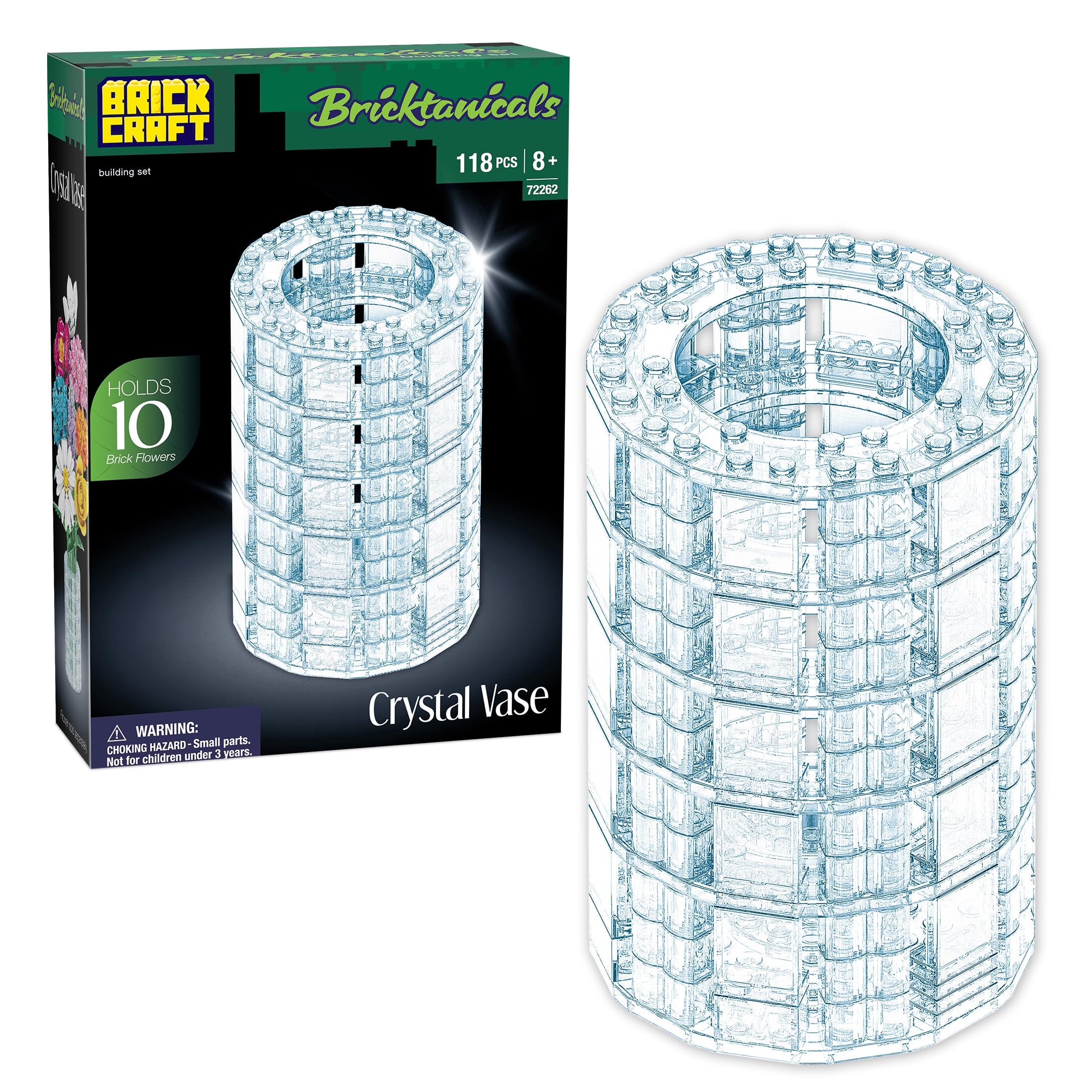 Brickcraft Bricktanicals Crystal Vase Building Set 118pcs Transparent Brick Flower Holder Fits 10 Stems Compatible Botanical Building Blocks Display Case Home Office Décor Gift for Adults Kids