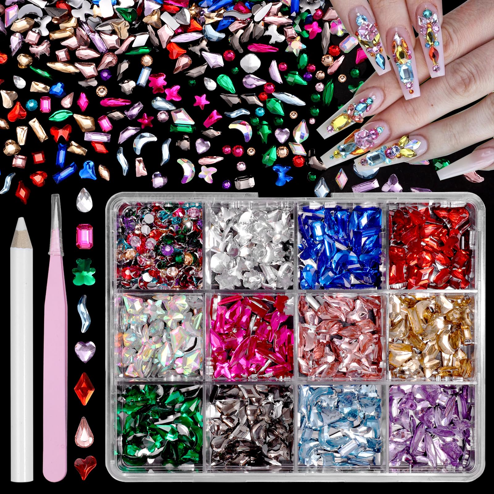Photo 1 of 440 Pcs Multi Shapes Flatback Rhinestones for Crafting, Nail Art Rhinestones Kit Rainbow Gems Resin Nail Rhinestone for Bedazzling, Multi Sized Half Round Beads Gems for Nails Art DIY