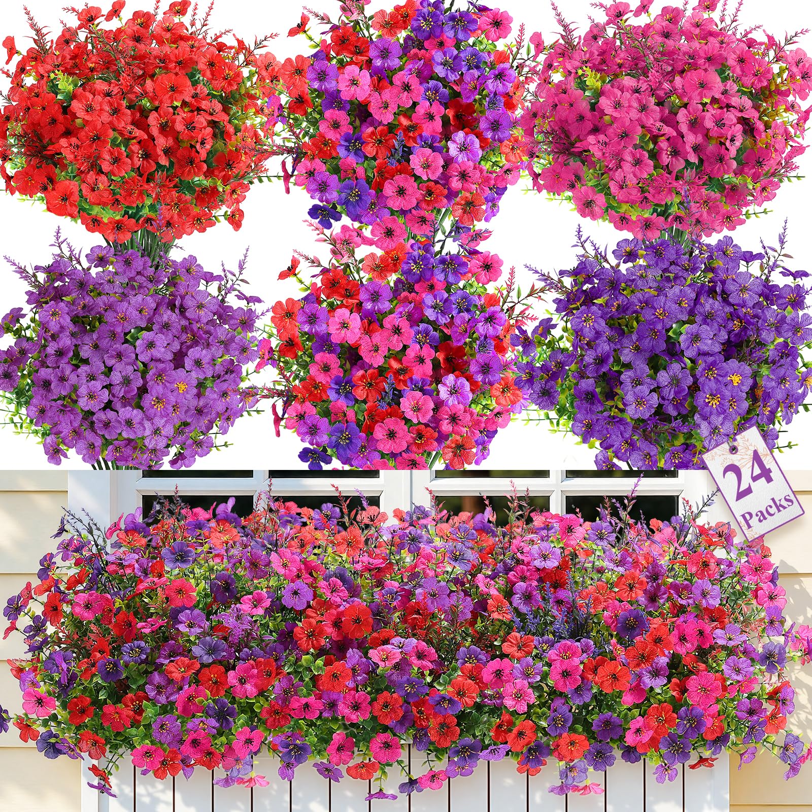 SHareconn 24 Bundles Artificial Flowers for Outdoors Decoration,Faux Plants Fake Silk Colorful Daisy Eucalyptus Lavender,UV Resistant for Outside Home Porch Indoor Spring Decor,RedRosyPurpleDeeppurple Image