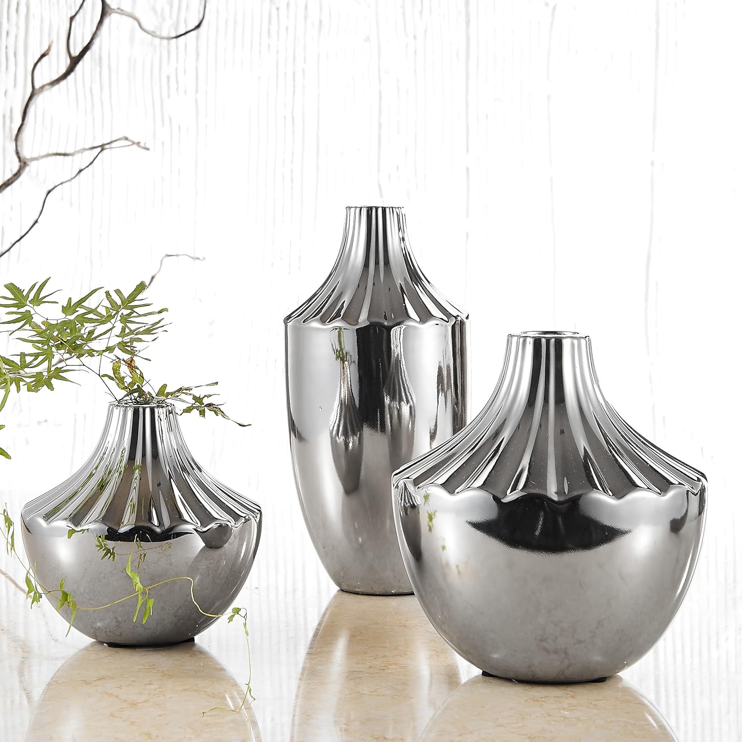 Electroplated Polished Chrome Silver Ceramic Decoration Flower Vase(Set