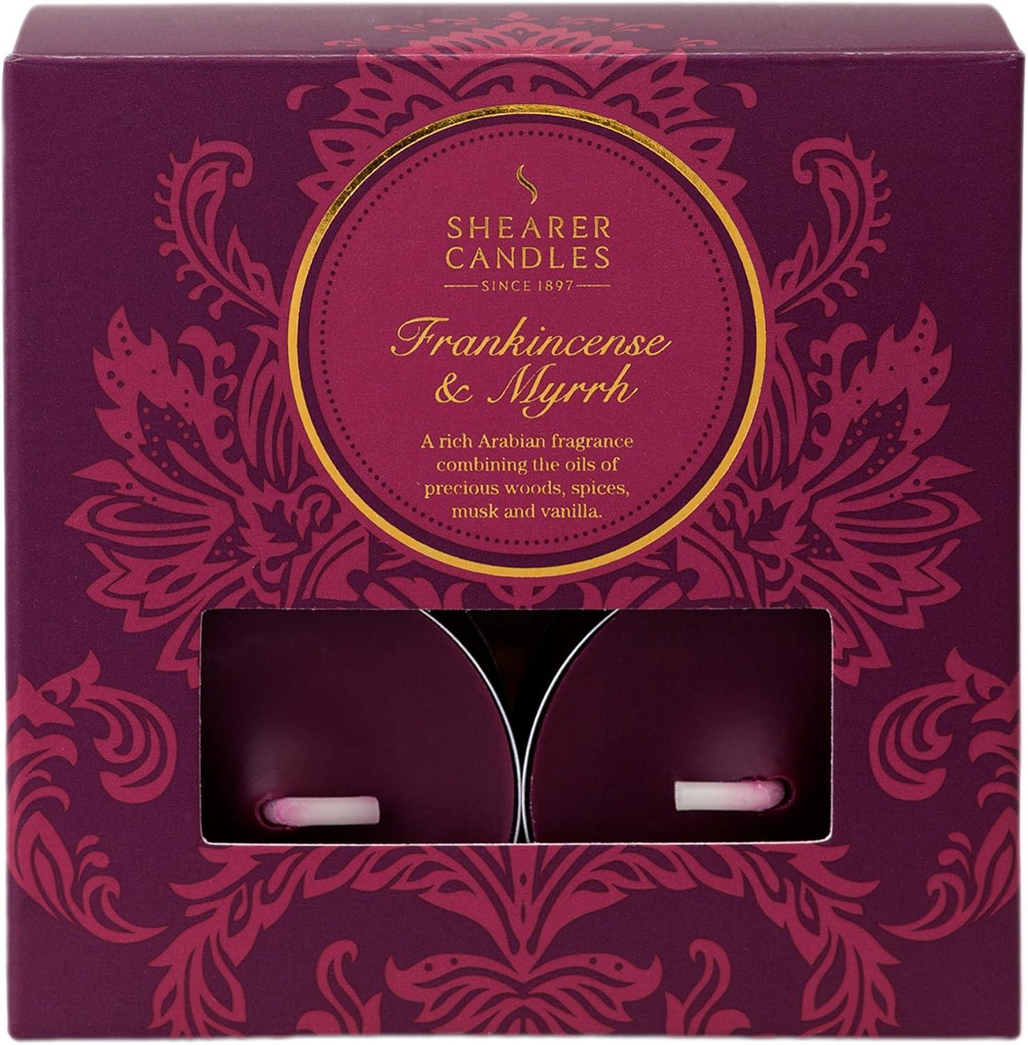 Shearer Candles Frankincense and Myrrh (Pack of 8) Scented Tealights - Burgundy,80 x 80 x 30, Red