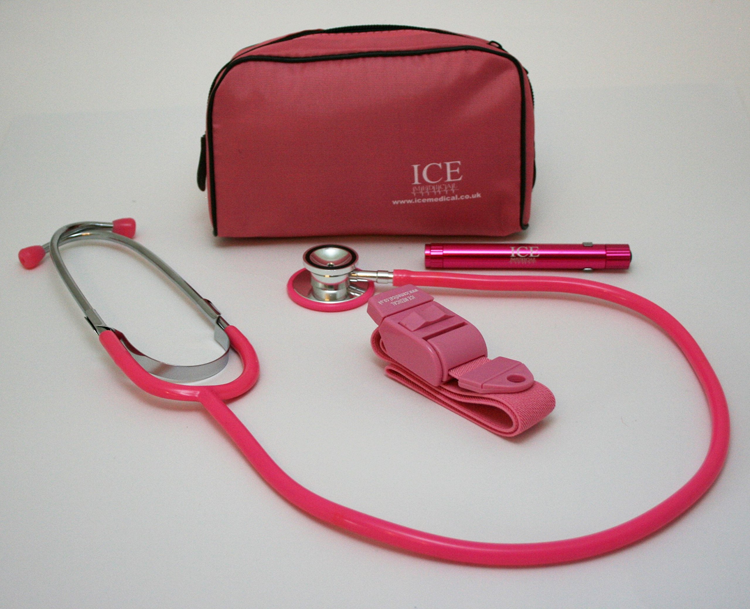 ICE Medical Pink LED Medical Pen light/Pen torch Stethoscope and Tourniquet in a Pink Bag