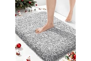 Yimobra Bathroom Rugs Non Slip Washable, Ultra Soft and Water Absorbent Bath Mats, Plush Fluffy Shower Mat Outside, Microfiber Thick Matts for Bathroom Floor/Sink, 24x17, Light Gray and White